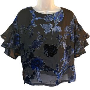 Lily White Blue Velvet Floral Sheer Top Ruffle Slv Sz XS Vtg Y2K Whimsigoth